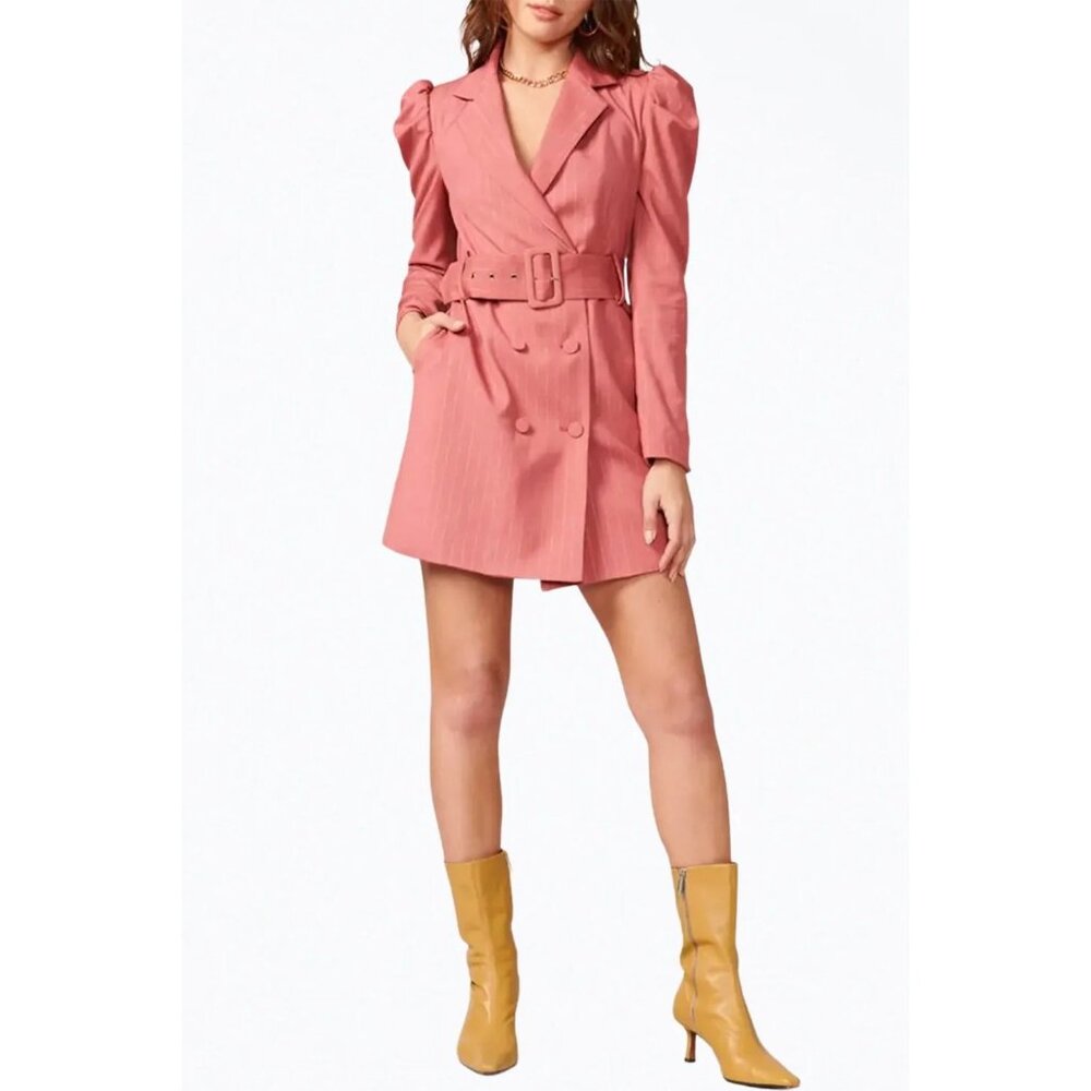 Adelyn Rae Kayla Pinstripe Belted Blazer Dress Size Medium Desert Rose Pink
